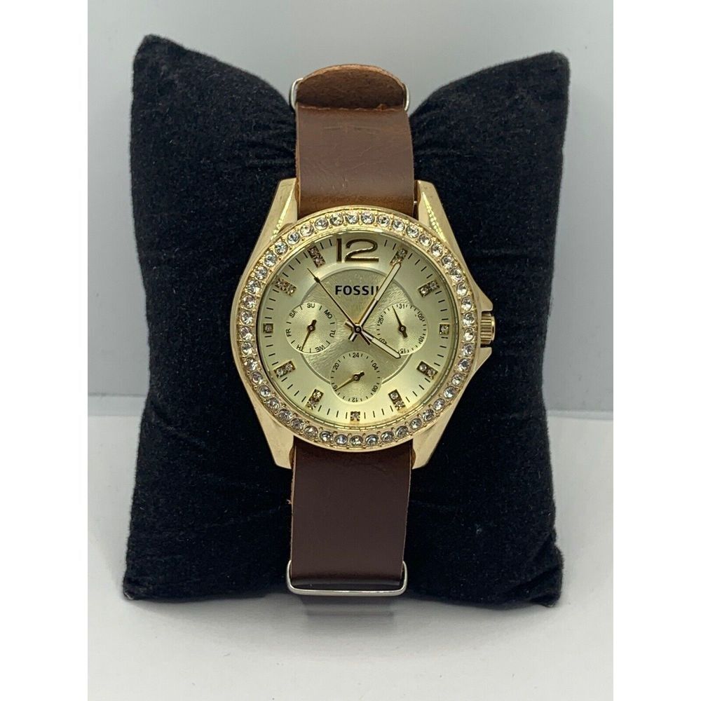 Fossil ES3203 Womens Brown Leather Analog Champagne Dial Quartz Wrist Watch RU15